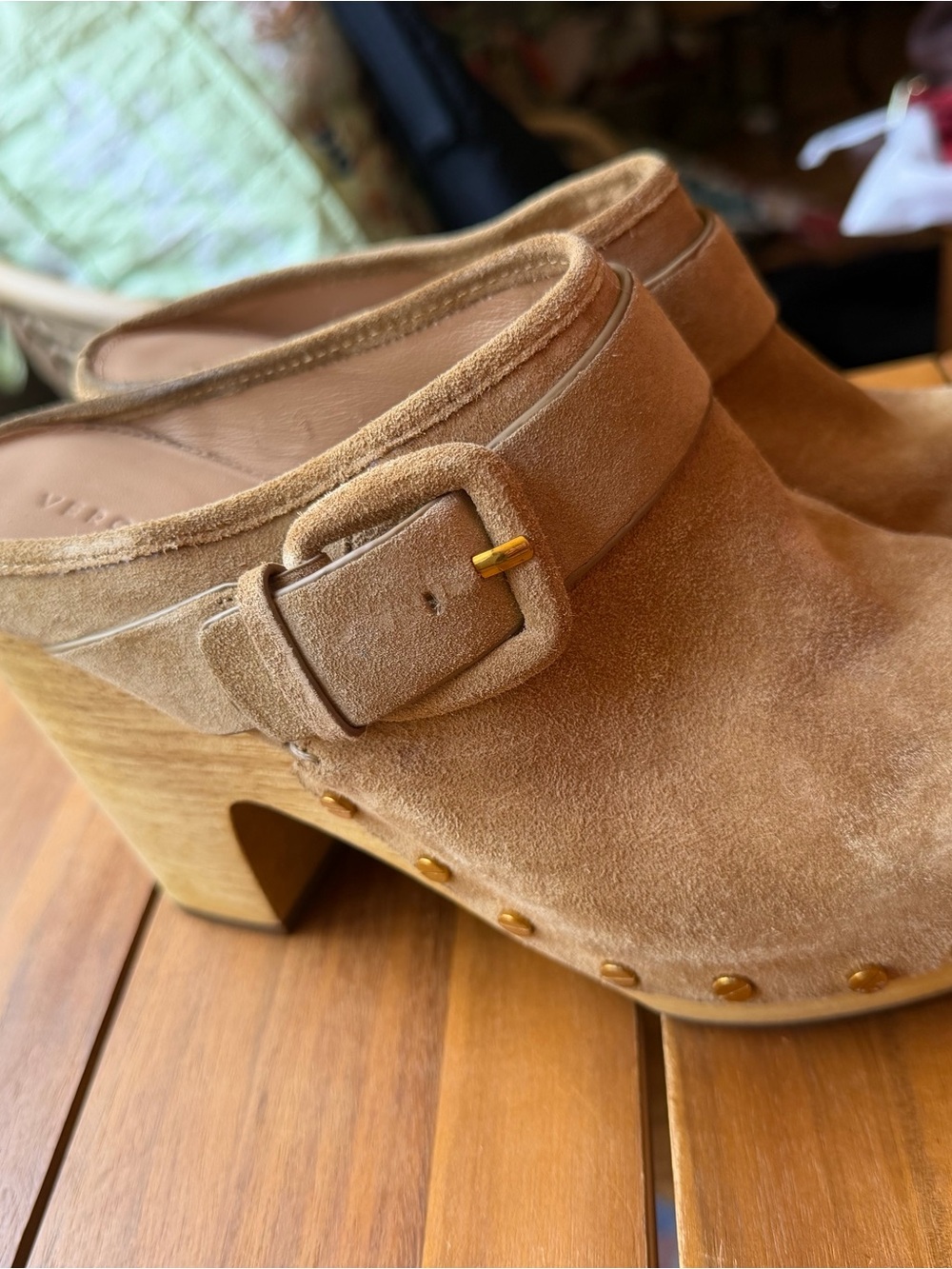 Veronica Beard Camel Suede Buckle Mules - Picture 2 of 8